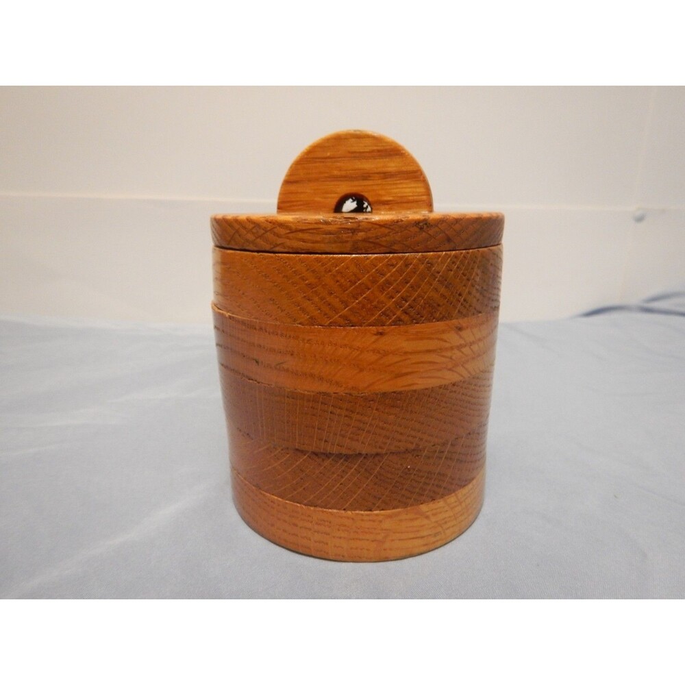 Hand Turned Wood Lidded Box 4" Oak Arched Handle Artisan Woodturning Trinket